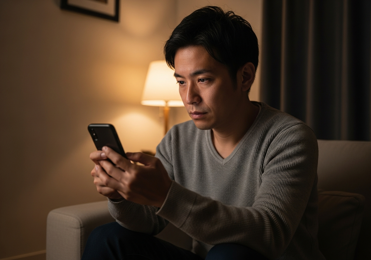 スマホの見過ぎで目の疲れを訴える30代日本人男性の生活シーン
