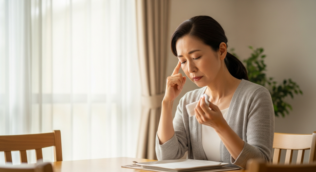 暑さと冷房の寒暖差で疲れ、こめかみを押さえる50代女性の様子