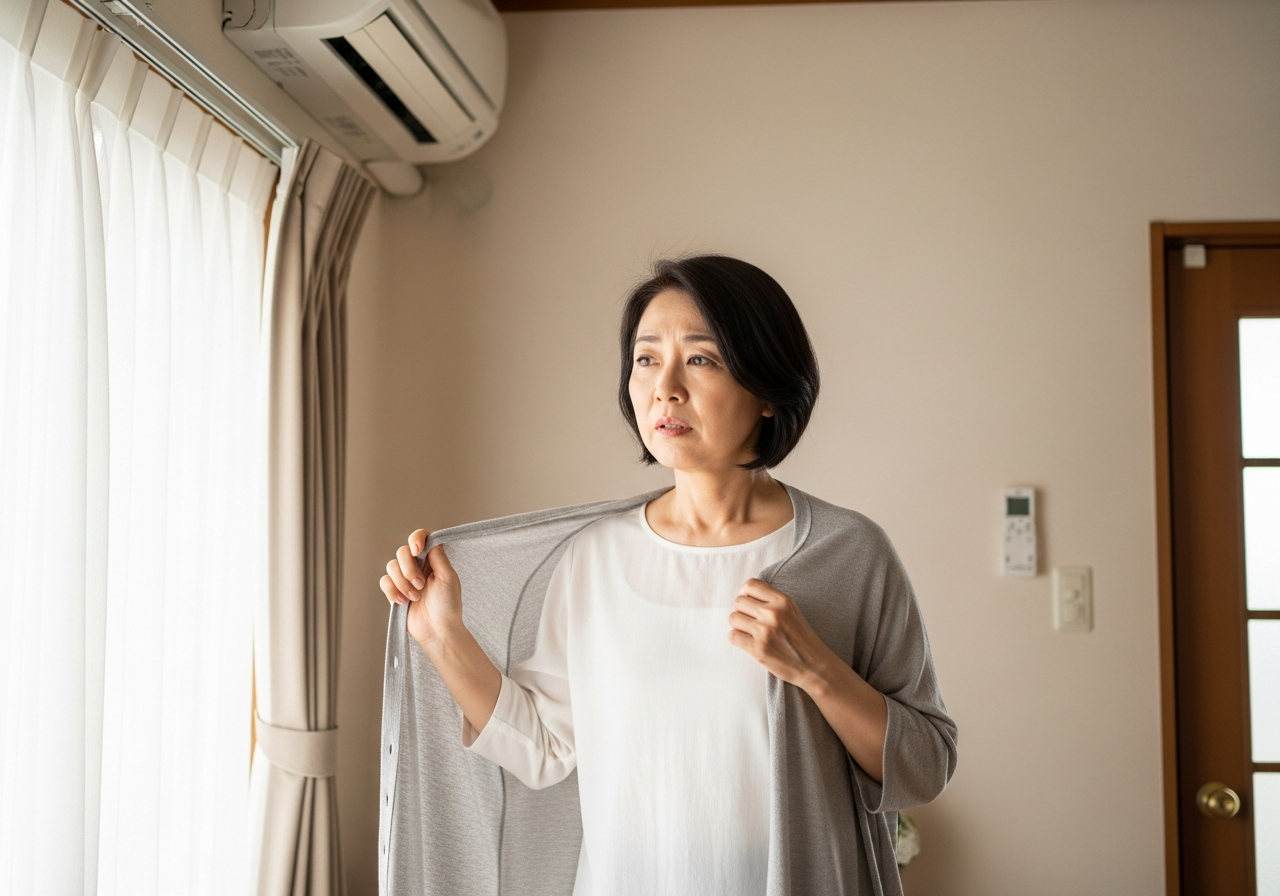 冷房の効いた室内と屋外の温度差に体がついていかない50代女性