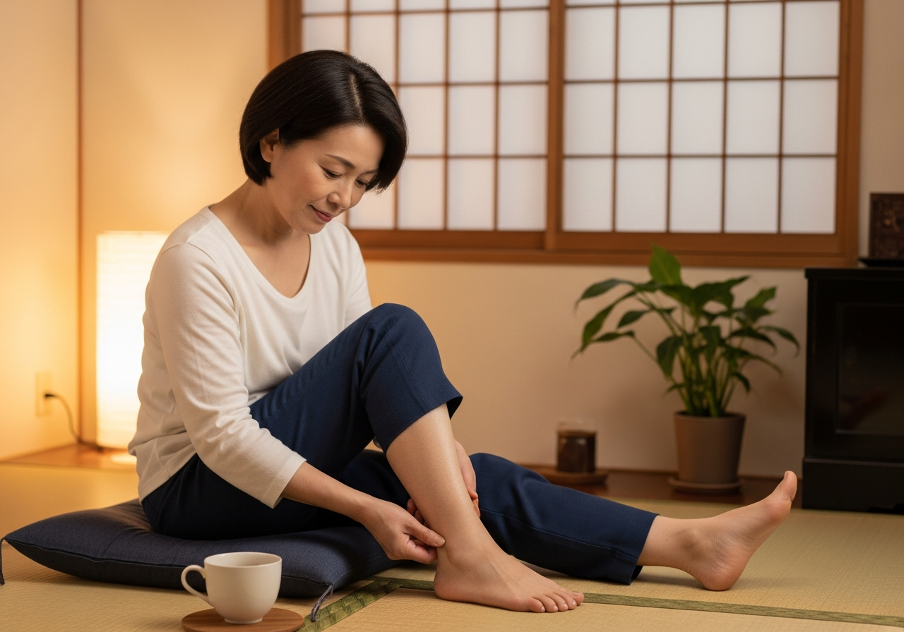 三陰交をやさしく押してセルフケアする、穏やかな表情の50代女性