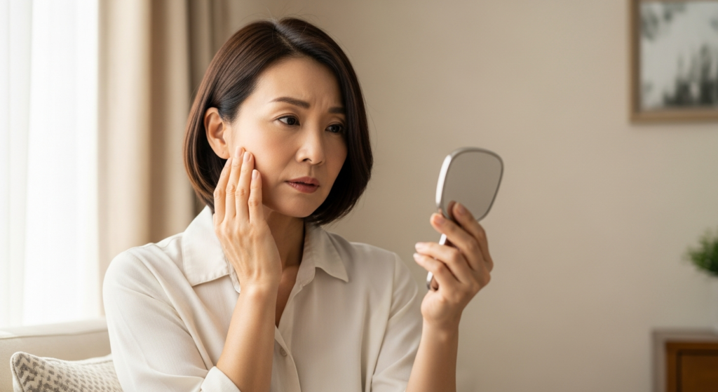 鏡を見ながら頬のたるみやほうれい線を気にする50代女性の様子