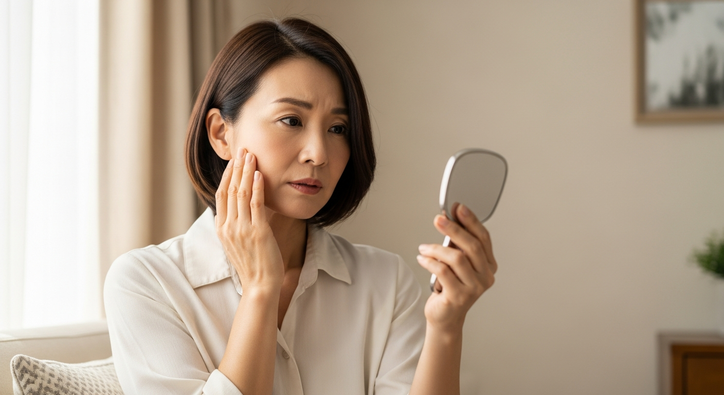 鏡を見ながら頬のたるみやほうれい線を気にする50代女性の様子