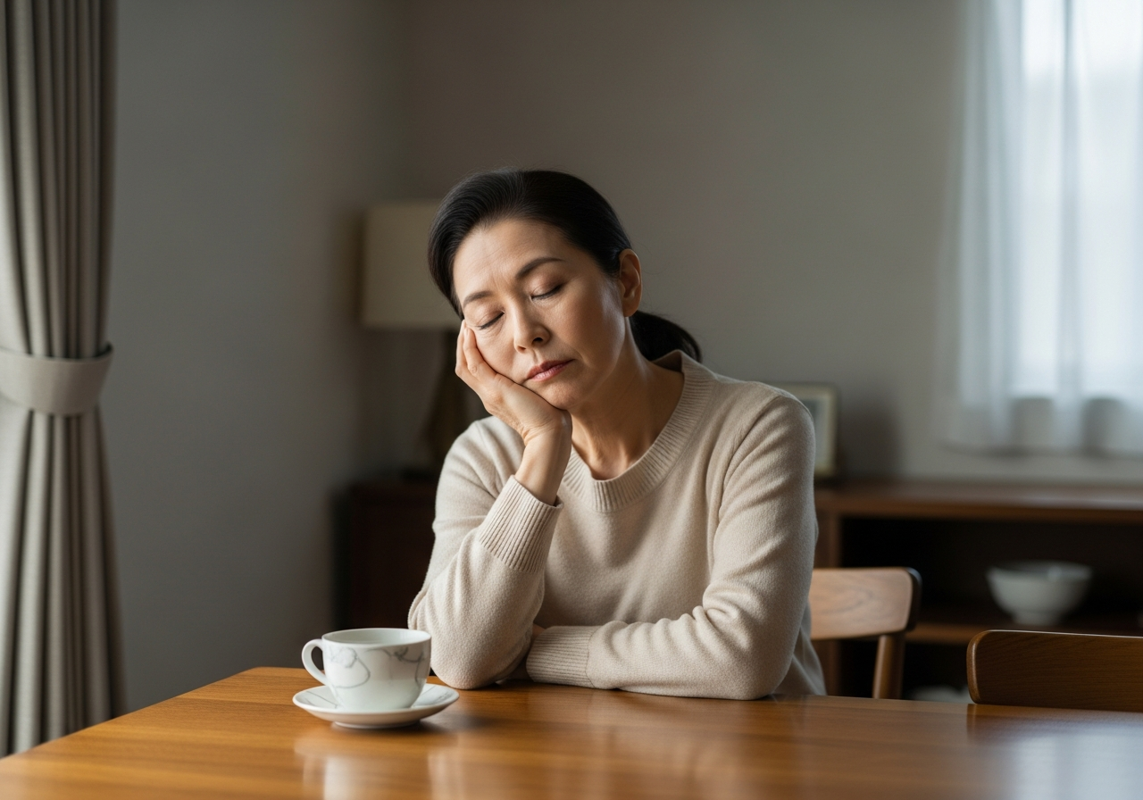 疲れが顔に出やすくなった50代女性が自宅で一息つく場面