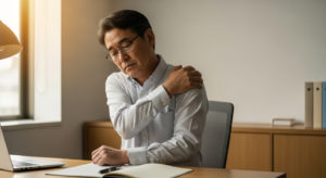 デスクワークの合間に硬くなった肩を手で押さえる50代男性の様子