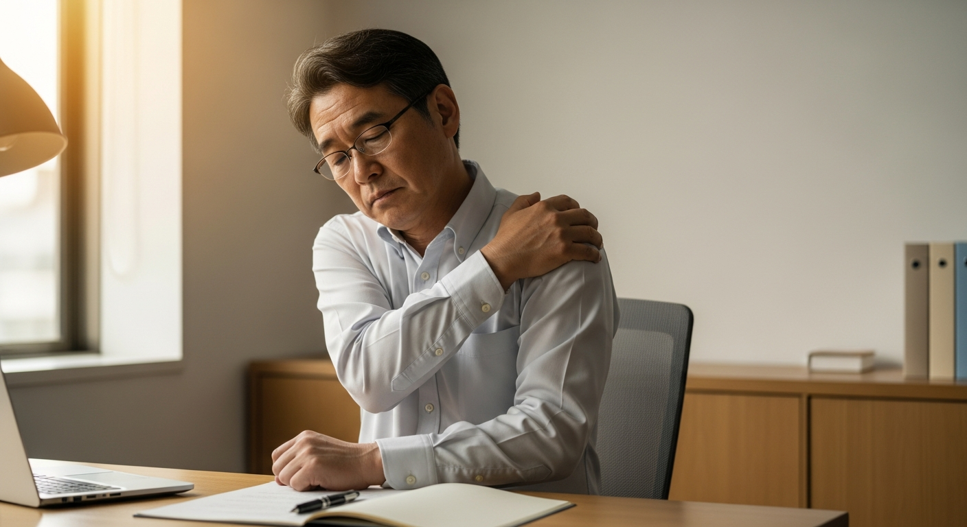 デスクワークの合間に硬くなった肩を手で押さえる50代男性の様子
