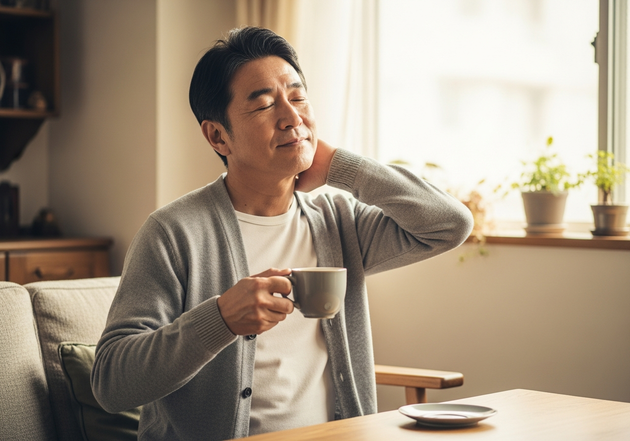自宅で温かいお茶を飲みながら肩まわりをゆるめてくつろぐ50代男性