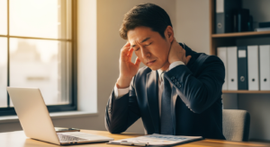デスクワーク中にこめかみと首の後ろを押さえて頭痛に耐える40代男性