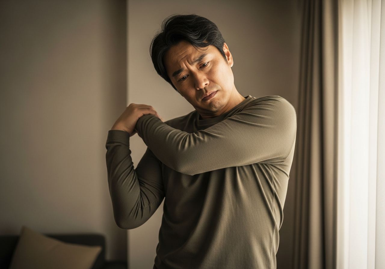 夕方の自宅で首肩のこりをほぐすようにストレッチする40代男性の様子