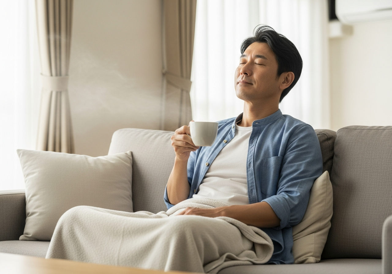 冷房の効いた部屋で温かい飲み物を手に穏やかにくつろぐ40代男性
