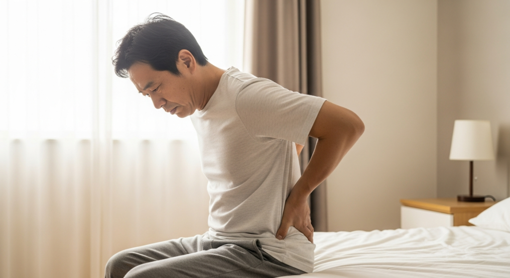 朝起きた直後にベッドの端で腰を押さえる40代男性の様子