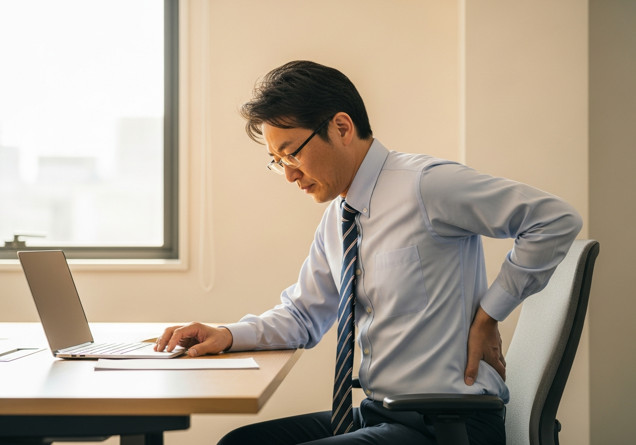 長時間のデスクワークから立ち上がる際に腰の重さを感じる40代男性