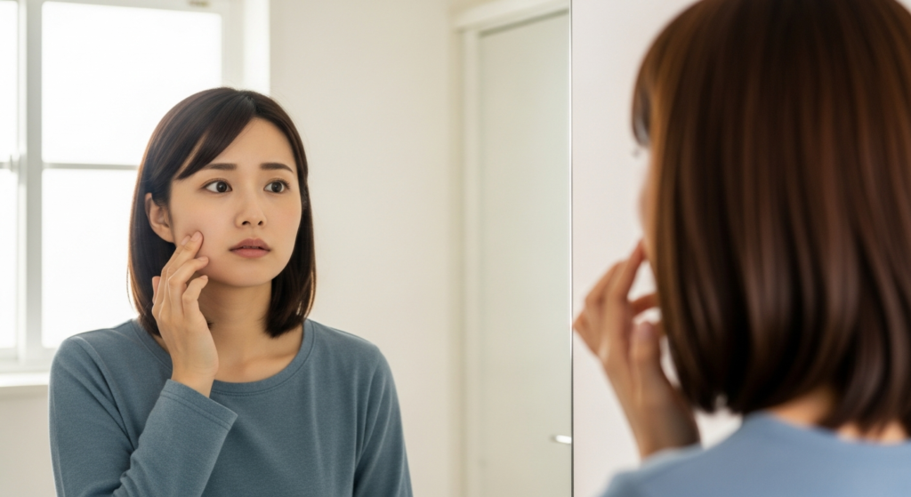 朝の洗面所で頬のむくみを気にしながら鏡を見る20代女性