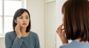 朝の洗面所で頬のむくみを気にしながら鏡を見る20代女性