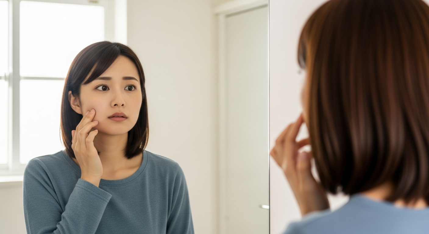 朝の洗面所で頬のむくみを気にしながら鏡を見る20代女性
