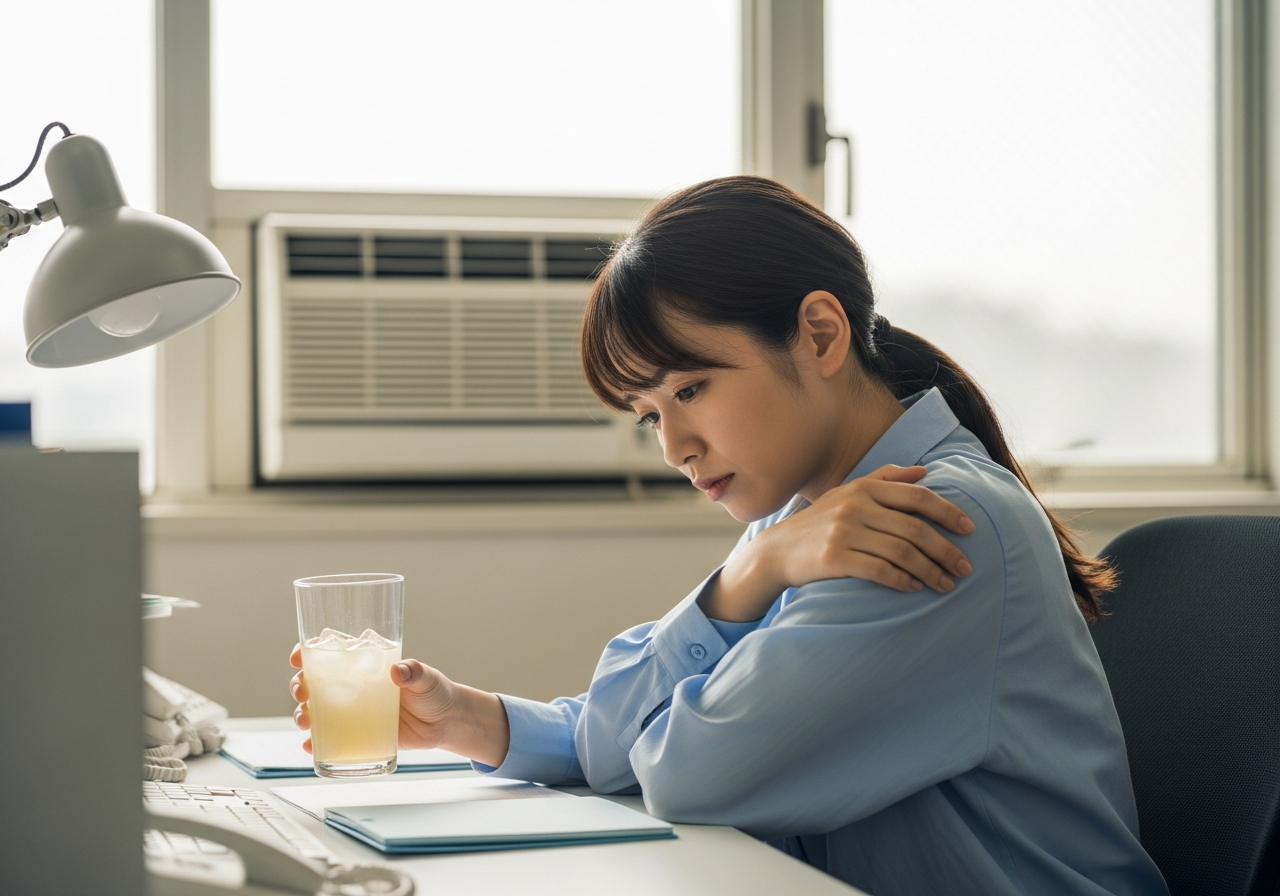 冷房の効いたオフィスで冷たい飲み物を手に疲れた表情の20代女性