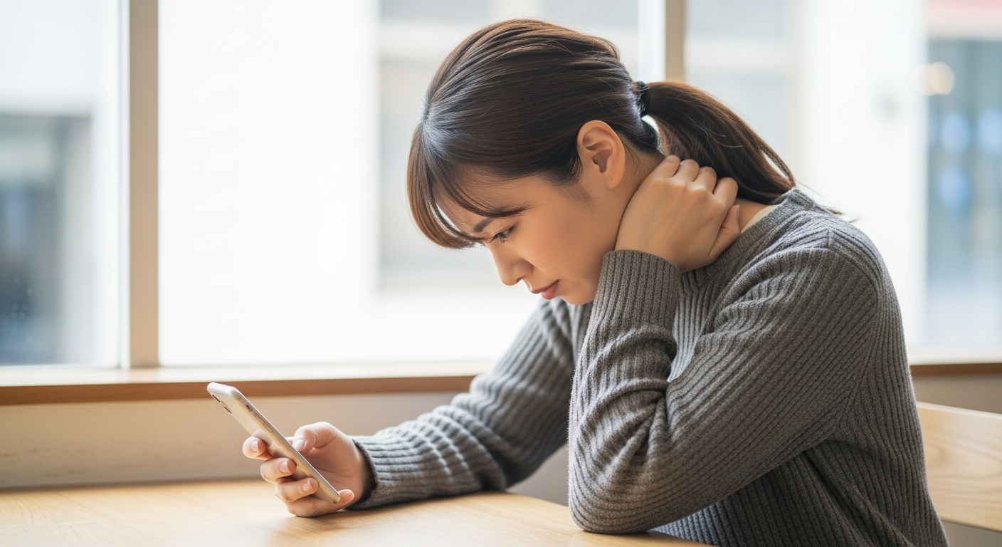 スマホを見続けて頭が前に出た姿勢で首の後ろに手をあてる20代女性