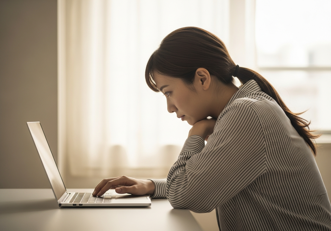 パソコン作業で背中が丸まり肩が内側に入った20代女性を横から捉えた様子
