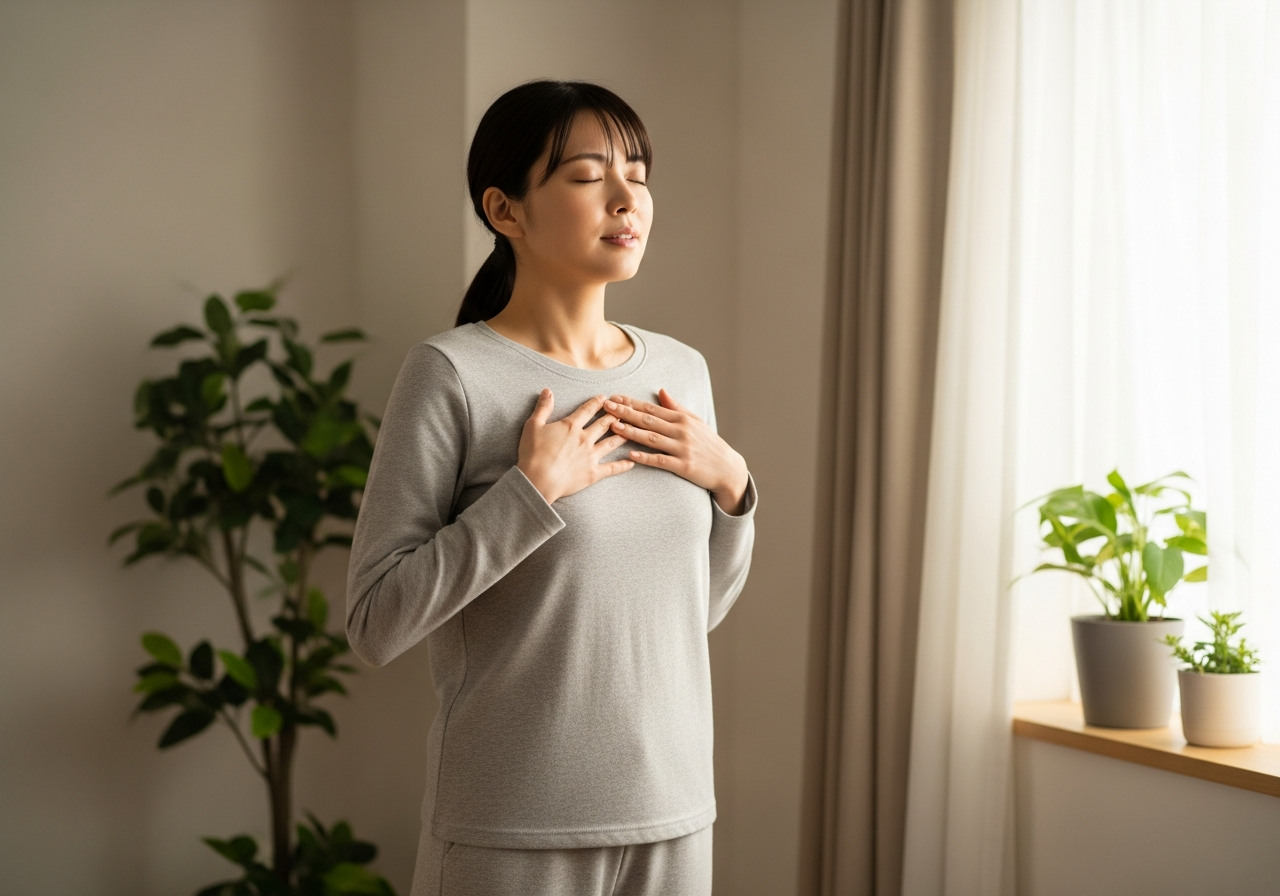 窓辺で胸を開き深い呼吸をしてリラックスする20代女性の穏やかな様子