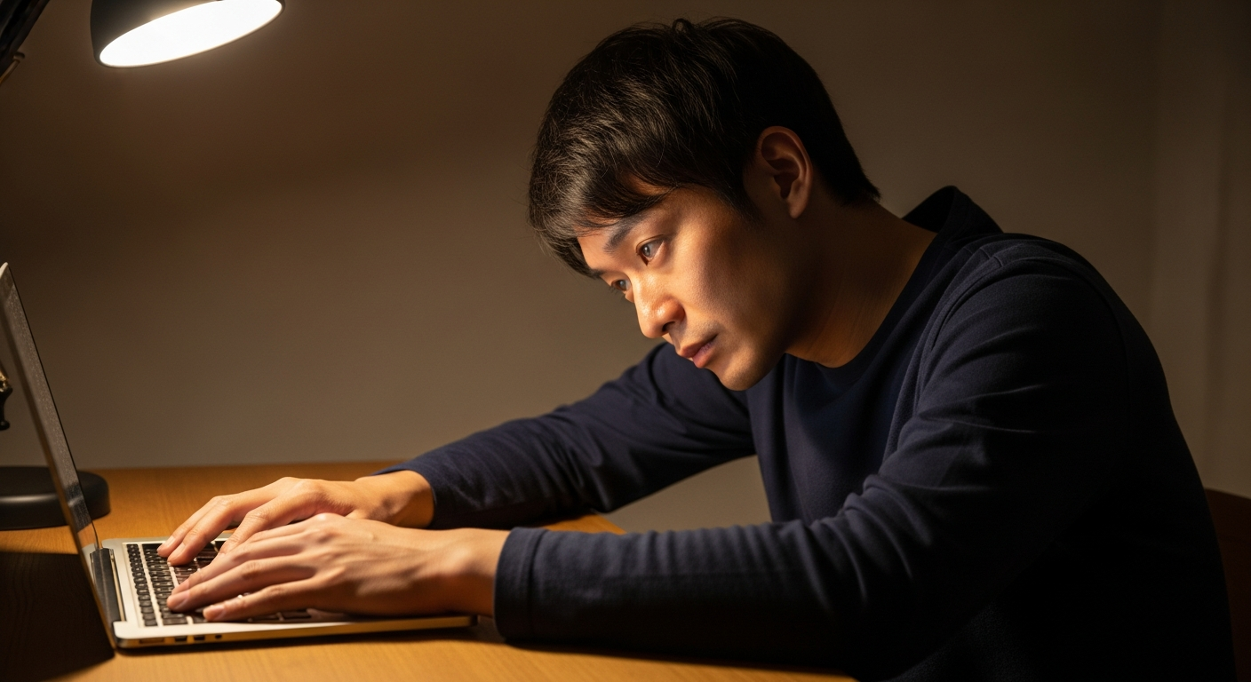 夜のデスクでパソコンに向かい、目の疲れで画面に顔を近づける20代男性