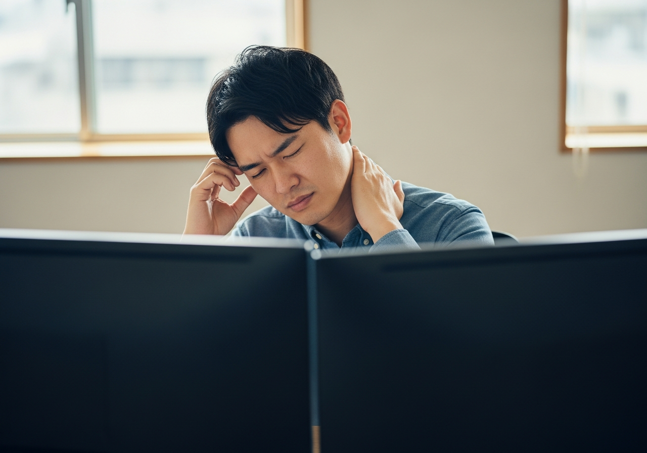 パソコン作業中にこめかみを押さえ、首肩のこりを感じている20代男性