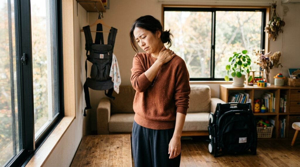 抱っこ紐での外出後、肩の重さに手をあてる40代の産後ママ