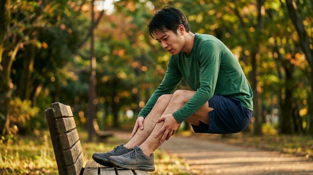 ランニング後にベンチで脚の重さを感じ、ふくらはぎを手で押さえる20代男性