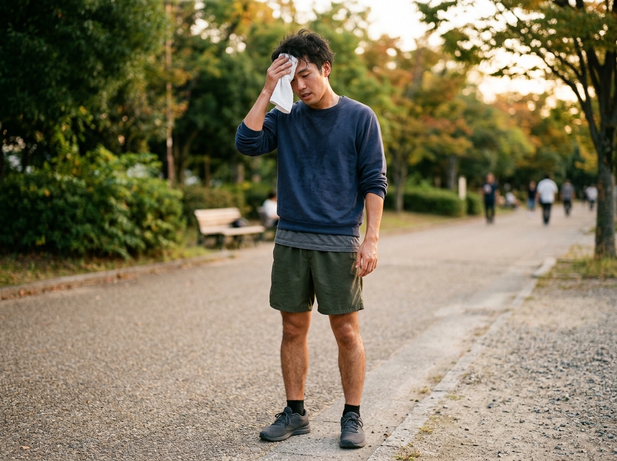 残暑の汗と朝晩の冷えが混在する9月、汗を拭いながら羽織りを重ねる若い男性