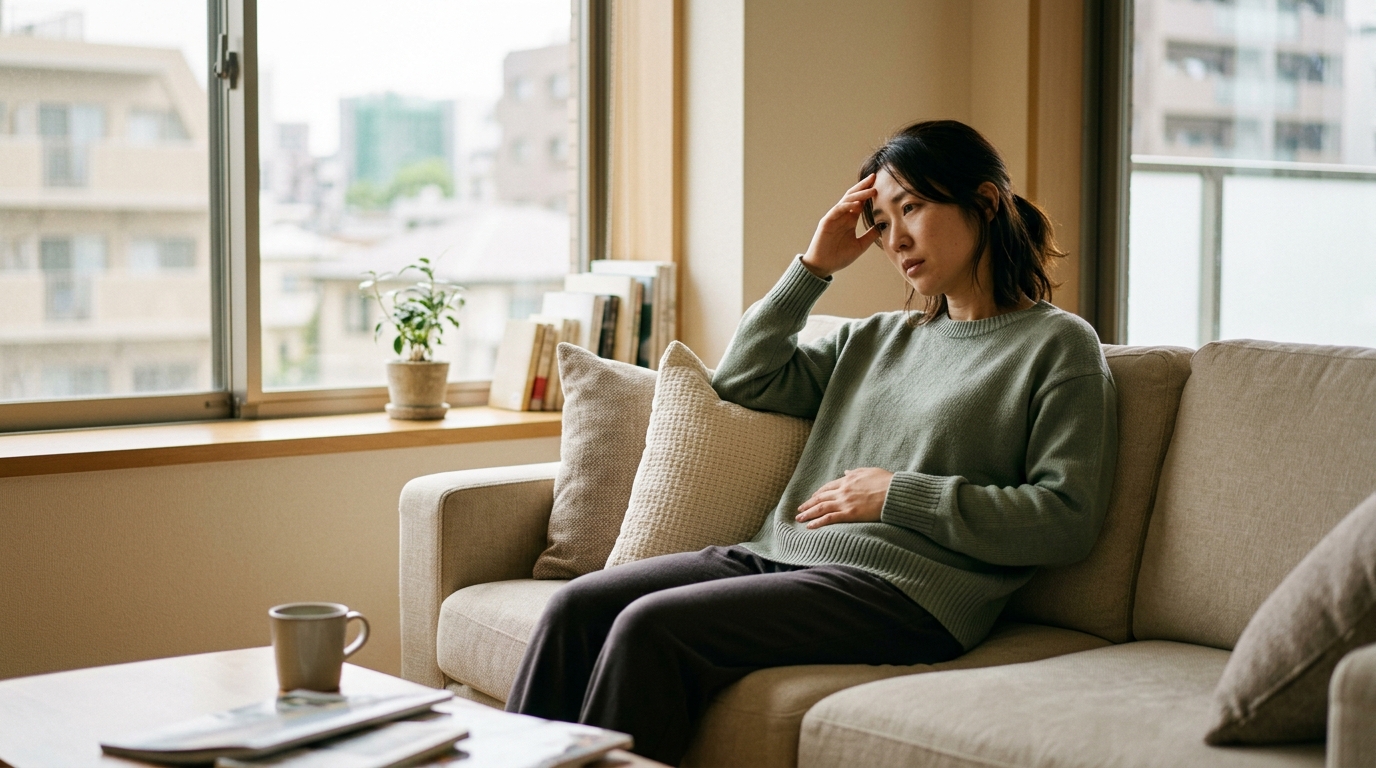 生理前の下腹部の重さと頭重感でソファに座り込む女性