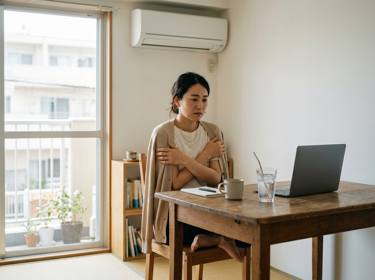 冷房と冷たい飲み物で体を冷やし、寒さを感じている女性の様子