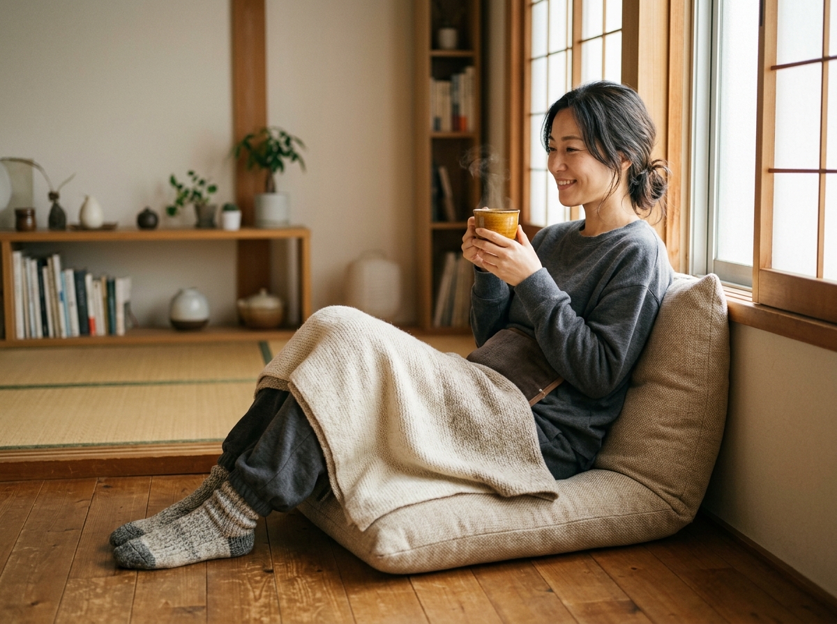 腹部と足元をあたためながら温かいお茶でくつろぐ女性のセルフケア