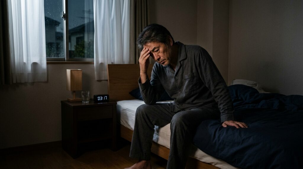 夜中に目が覚めてしまい、寝室のベッドに腰かけて額に手を当てる50代の日本人男性