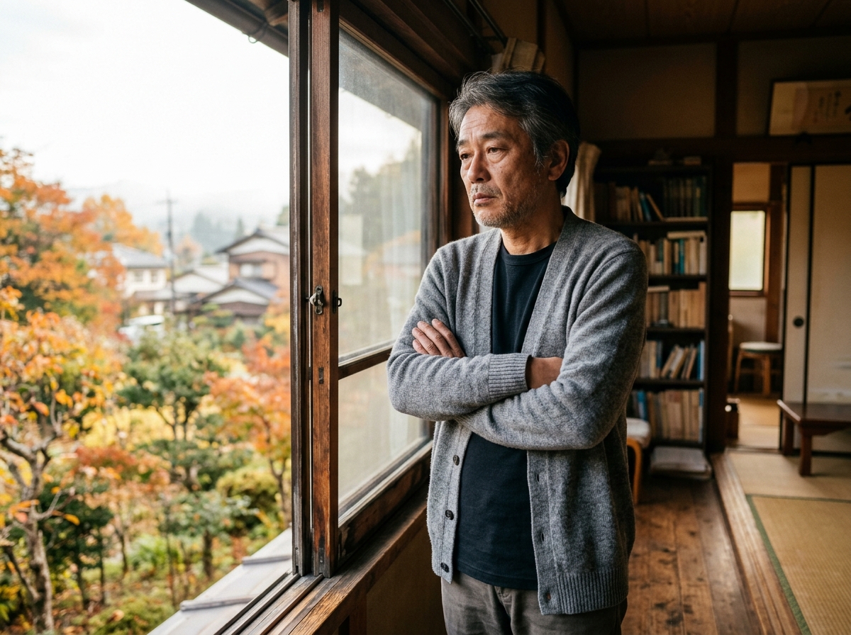 10月の朝、窓辺で肌寒さを感じながら体のだるさを抱える50代の日本人男性