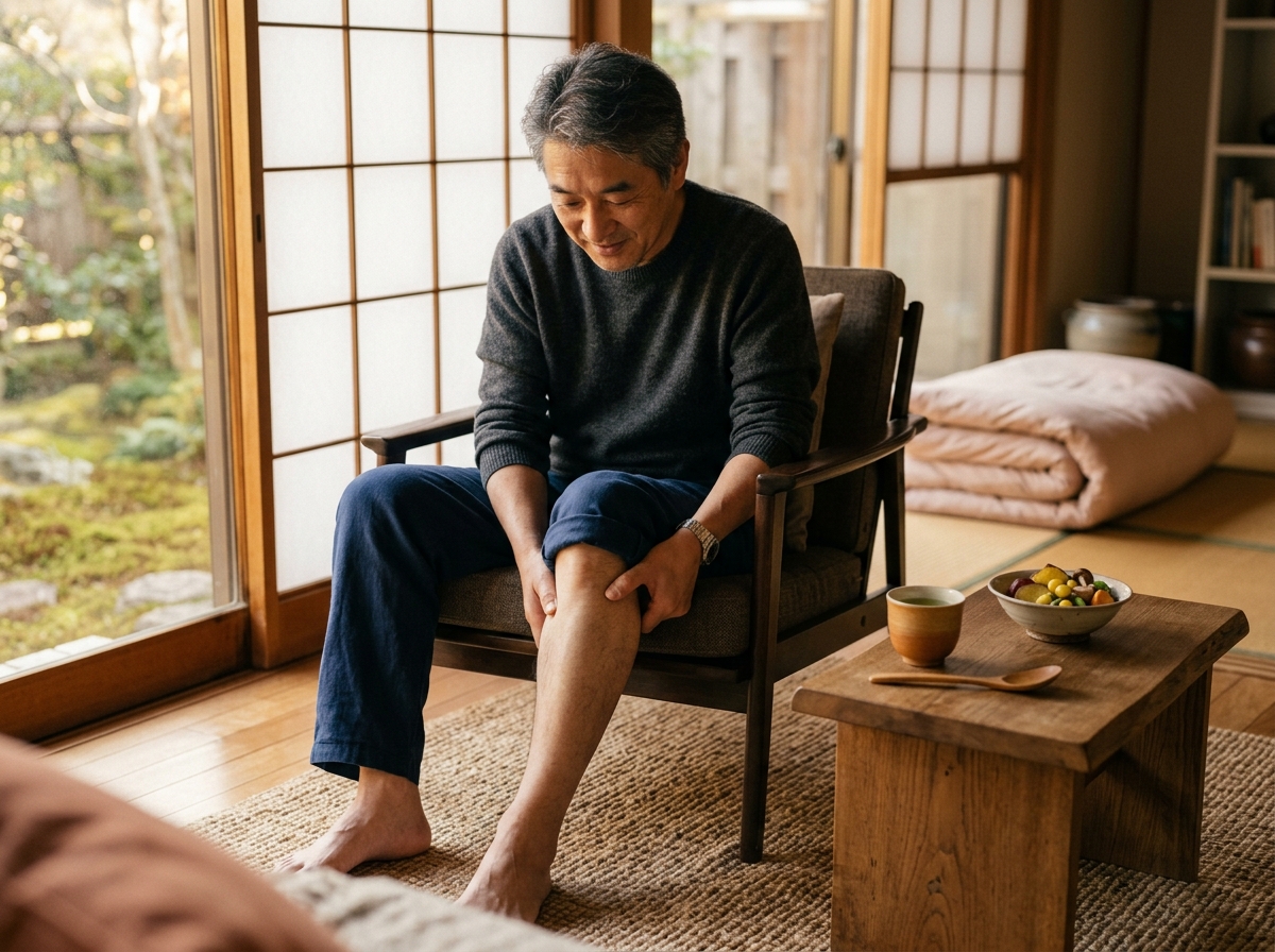 椅子に座り、膝下の足三里をセルフケアで押す、穏やかな表情の50代の日本人男性