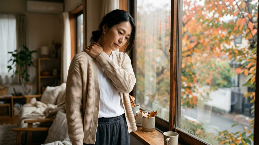 秋の肌寒い朝、窓辺でこわばった肩を手でさする30代の女性