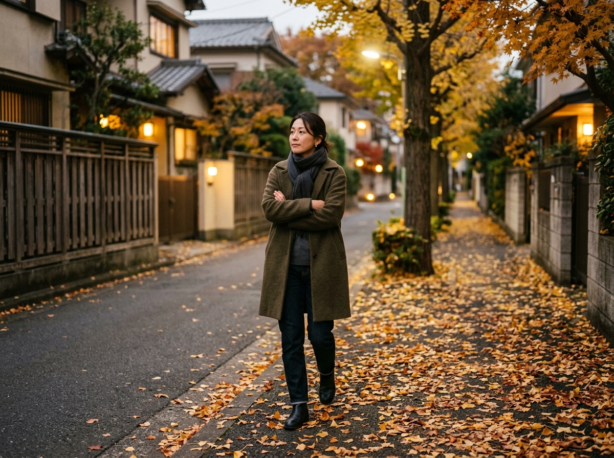 秋の夕方の冷たい風に肩をすくめながら住宅街を歩く30代の女性