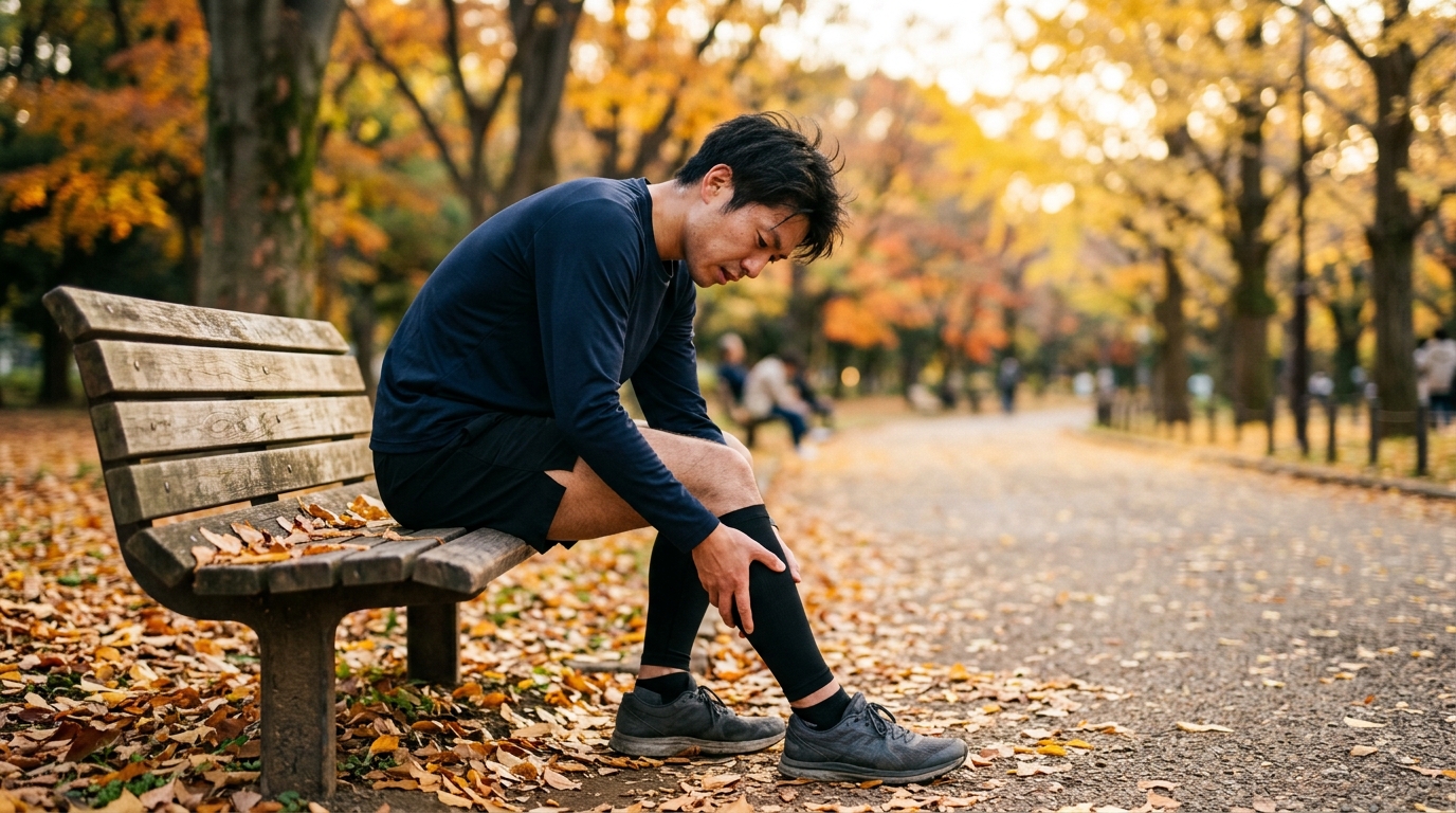 秋の公園でランニング後にふくらはぎの張りを気にしてベンチに座る20代の日本人男性