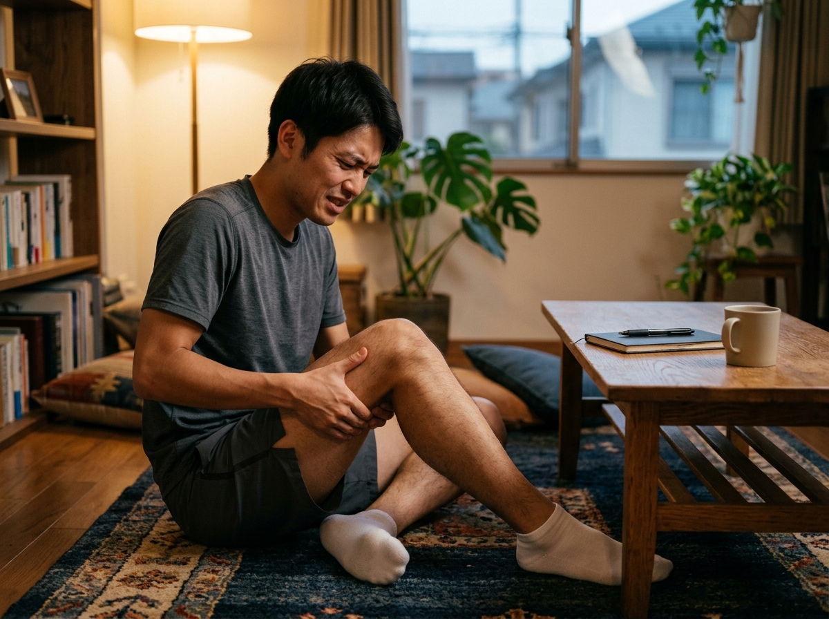 練習量が増えて太ももの張りが抜けず、自宅で脚をさする20代の日本人男性
