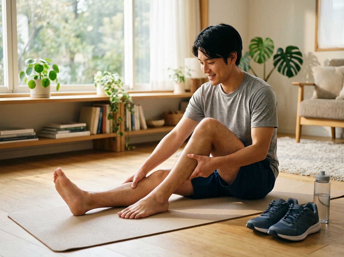 マラソンに向けて、ストレッチとツボ押しで脚をセルフケアする20代の日本人男性