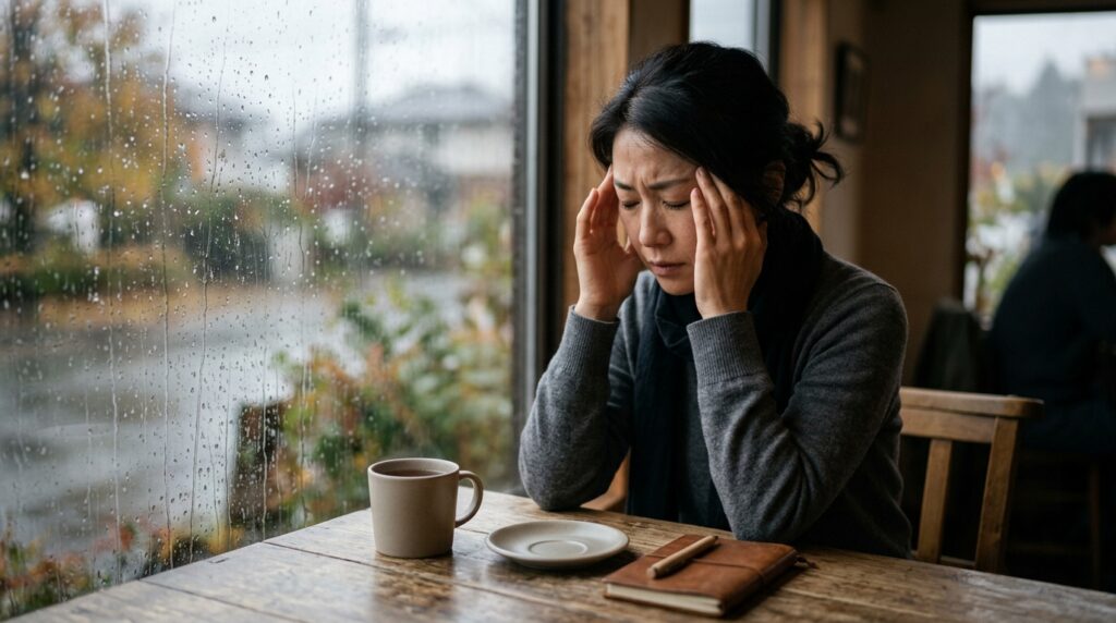 秋雨の窓辺でこめかみを押さえ、天気による頭痛に悩む40代の日本人女性