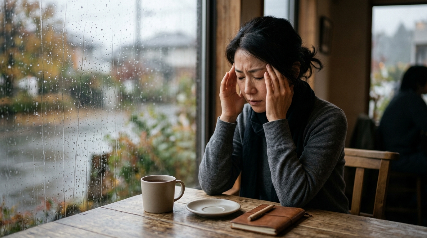 秋雨の窓辺でこめかみを押さえ、天気による頭痛に悩む40代の日本人女性