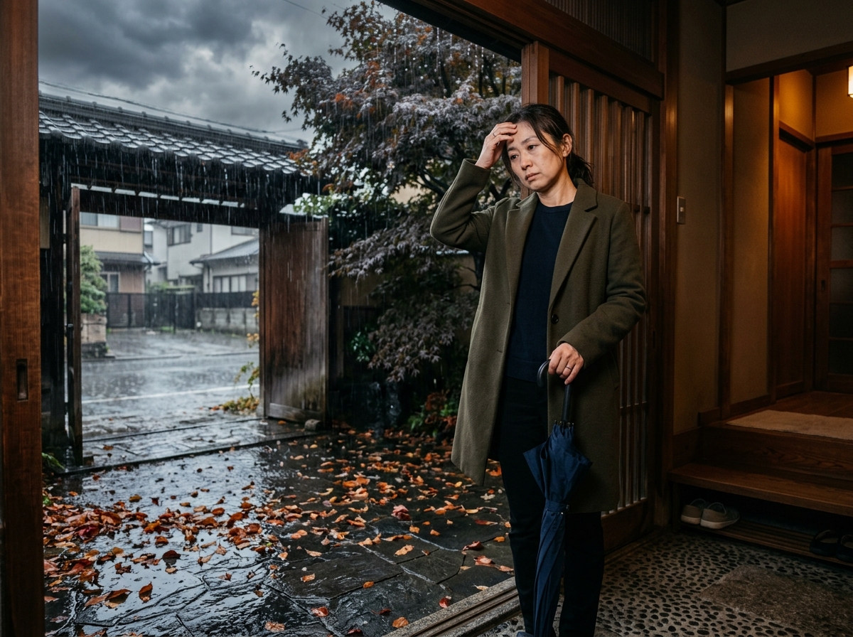 秋雨と低気圧の空を見上げ、頭の重さを感じている40代の日本人女性