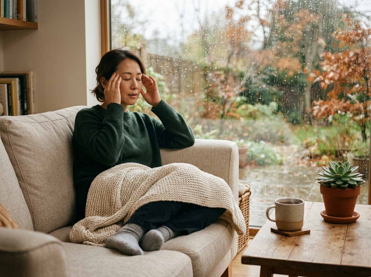 こめかみ周りのツボを優しく押し、穏やかな表情でくつろぐ40代の日本人女性