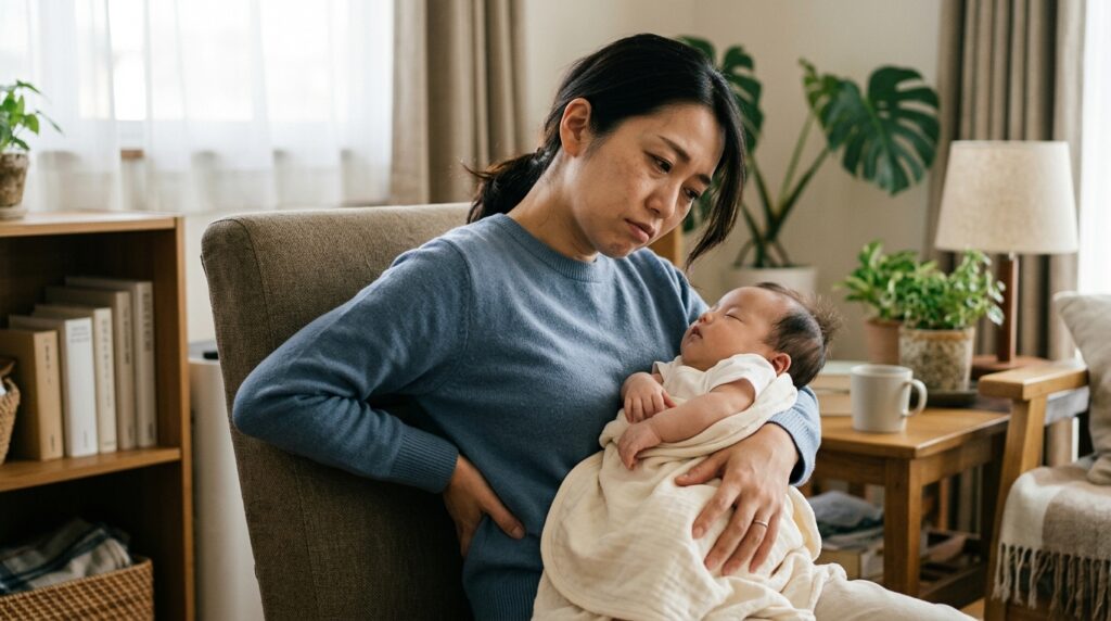 赤ちゃんを抱っこしながら腰に手を当て、背中の痛みに疲れた表情を見せる30代の母親