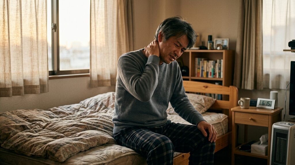寒い朝、寝違えで首が回らず首筋を押さえてベッドに座る40代の男性
