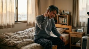 寒い朝、寝違えで首が回らず首筋を押さえてベッドに座る40代の男性