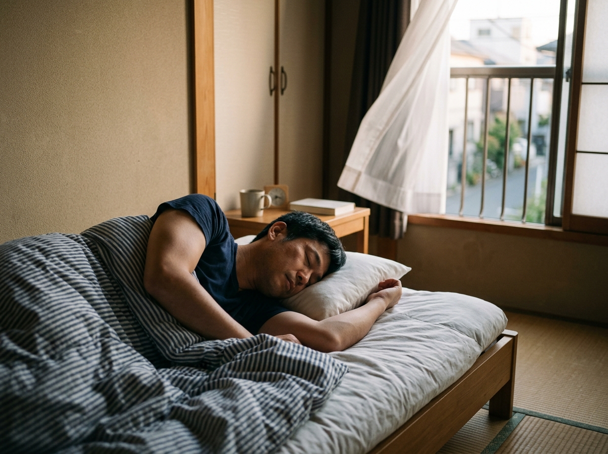 布団から首や肩が出たまま眠る40代男性と、窓から入る朝の冷たい空気