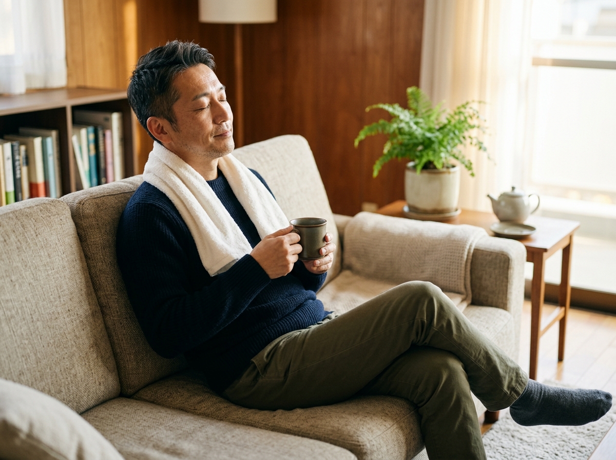 首を無理に動かさず、温かいタオルで首元を温めながらくつろぐ40代男性